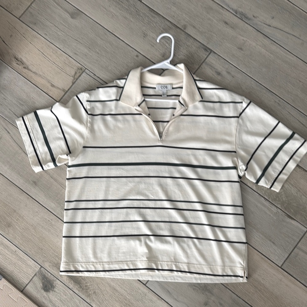 COS Mens Polo in Cream with Black and Green Stripes